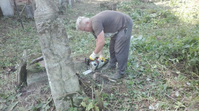 Wycinanie przez pna Mariusza pni drzew niszczących pomnik - Tuligłowy